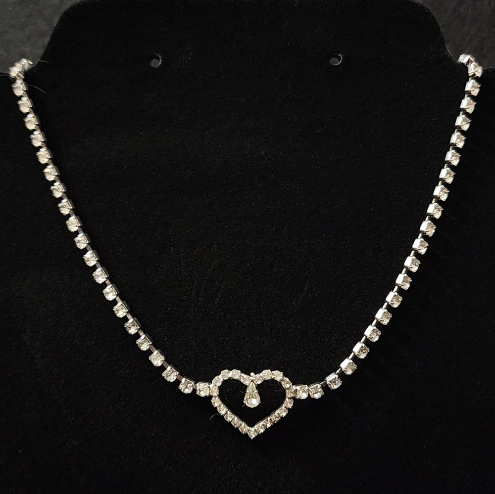 Vintage Glass Rhinestone Silver Choker Necklace